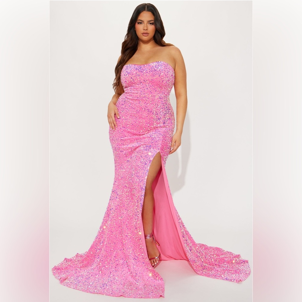 NWT Fashion Nova Barbie Pink Iridescent Sequin Strapless Gown Size 2X